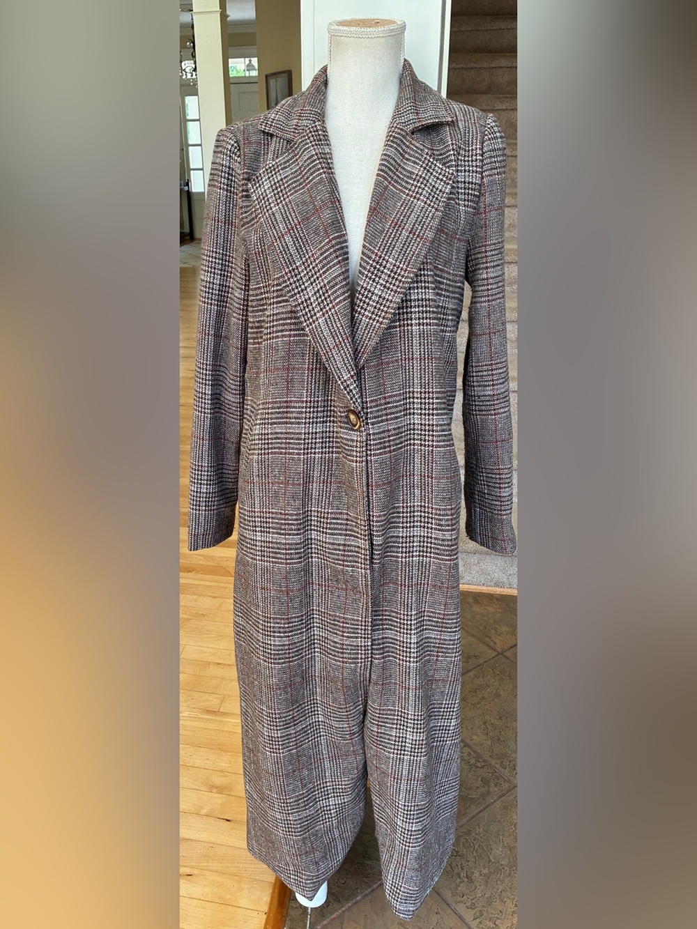 SHEIN Glen Plaid Single-Button Trench Coat in Brown, Black and Red Accents